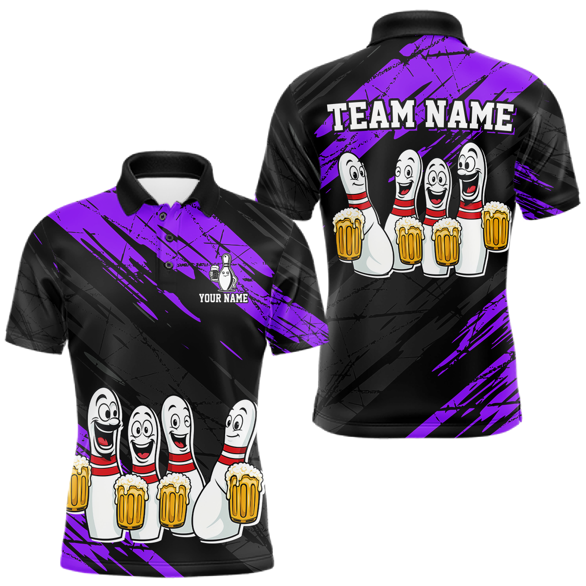 Custom Purple Funny Bowling Tournament Jersey for Men Bowling Team Shirts Polo & 1/4 Zip HNT178