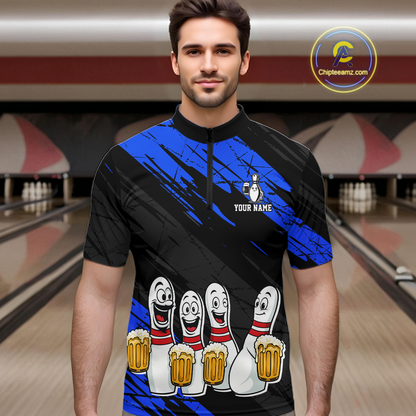 Custom Blue Funny Bowling Tournament Jersey for Men Bowling Team Shirts Polo & 1/4 Zip HNT178