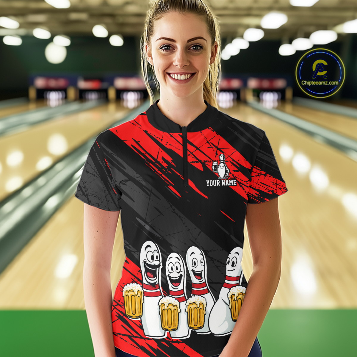 Custom Red Funny Bowling Tournament Jersey for Women Bowling Team Shirts Polo & 1/4 Zip HNT178
