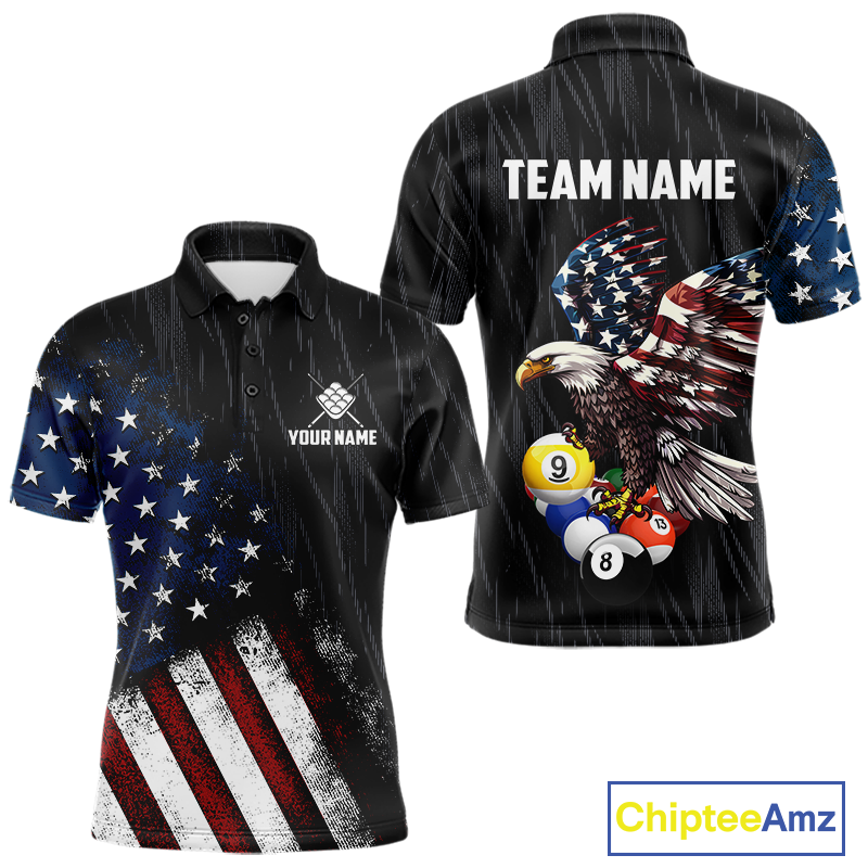 Front and back views of a black short-sleeve polo shirt with a distressed American flag print on the left side, featuring a bald eagle and pool balls graphic on the back, with customizable text placeholders 'YOUR NAME' and 'TEAM NAME'.