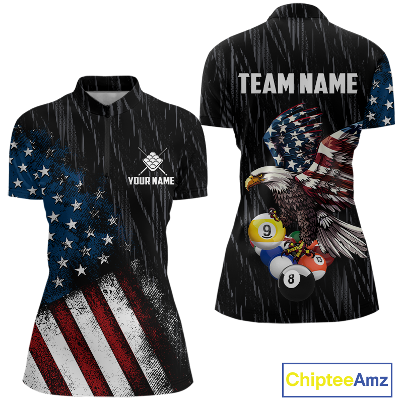 Front and back views of a customizable short-sleeve polo shirt featuring a patriotic American flag and bald eagle design with billiards on a black rain-styled background. The shirt includes placeholder text 'TEAM NAME' and 'YOUR NAME'.