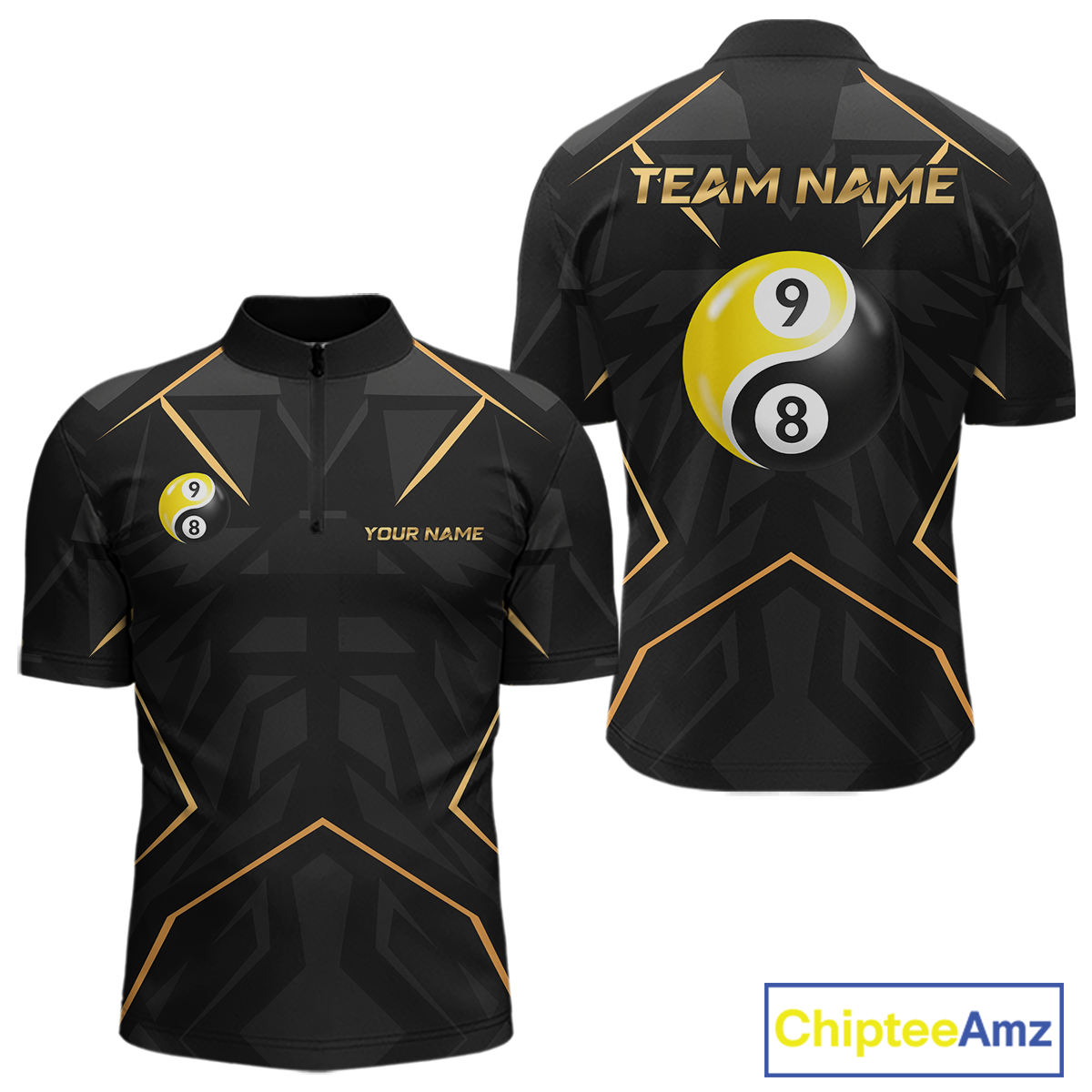 Custom Black Gold 8 Ball 9 Ball Yin Yang Pool Shirts Billiard Shirt for Men Billiard Team Jersey NNT179