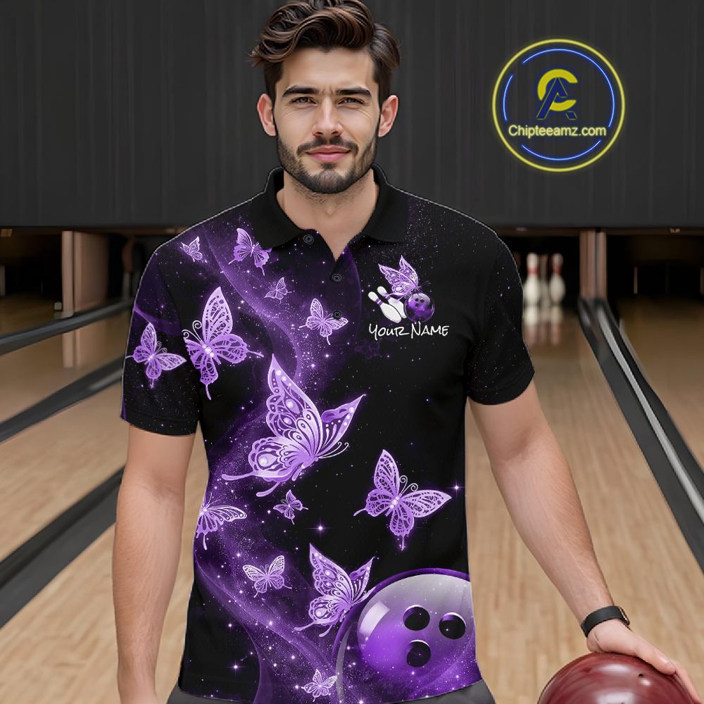 Custom Purple Galaxy Butterflies Bowling Shirt for Men Butterfly Bowling Team Jersey Bowling League HNT277