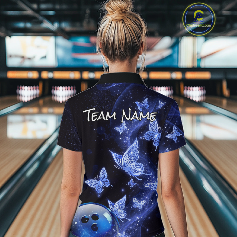 Custom Blue Galaxy Butterflies Bowling Shirt for Women Butterfly Bowling Team Jersey Bowling League HNT277
