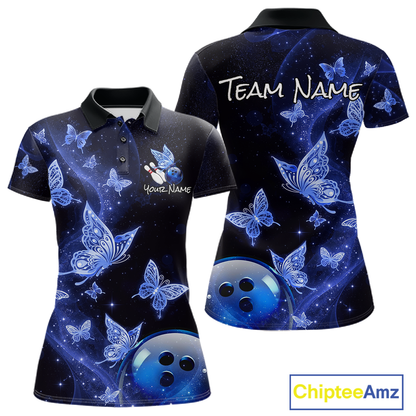 Custom Blue Galaxy Butterflies Bowling Shirt for Women Butterfly Bowling Team Jersey Bowling League HNT277