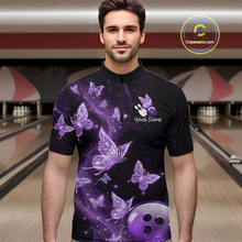 Load image into Gallery viewer, Custom Purple Galaxy Butterflies Bowling Shirt for Men Butterfly Bowling Team Jersey Bowling League HNT277