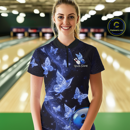 Custom Blue Galaxy Butterflies Bowling Shirt for Women Butterfly Bowling Team Jersey Bowling League HNT277