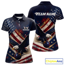 Load image into Gallery viewer, Custom us flag eagle bowling jersey for women, personalized team bowling polo shirt front view and back view.