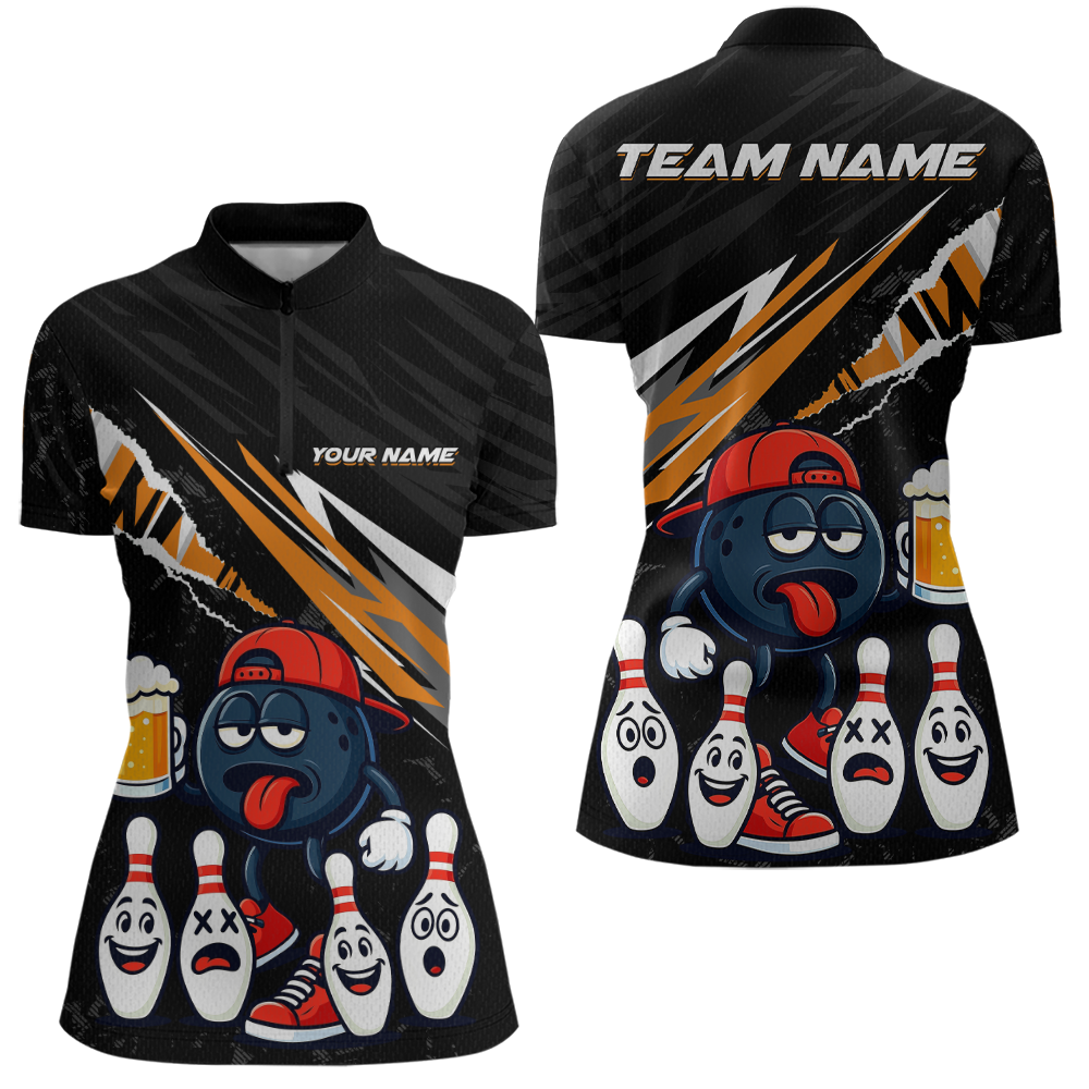 Custom Orange Beer Bowling Jersey for Women Bowling Team Shirts Bowling Uniform Polo & 1/4 Zip HNT133