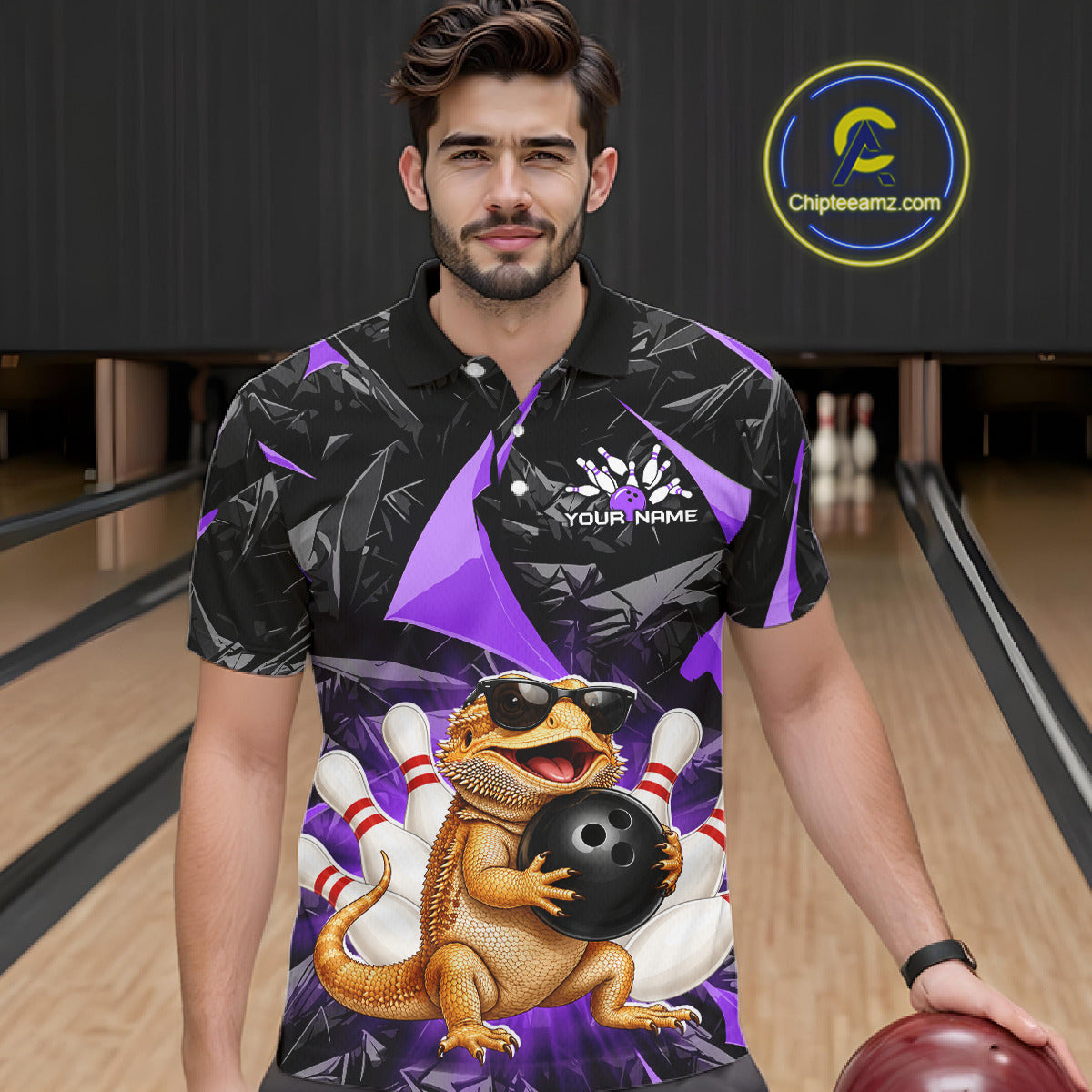 Men’s purple bearded dragon bowling polo shirt, front view on male model in bowling lane 