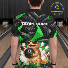 Load image into Gallery viewer, Men’s green bearded dragon bowling polo shirt, back view on male model in bowling lane 