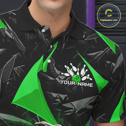 Men’s green bearded dragon bowling polo shirt with custom name, angled front view showing custom team design 