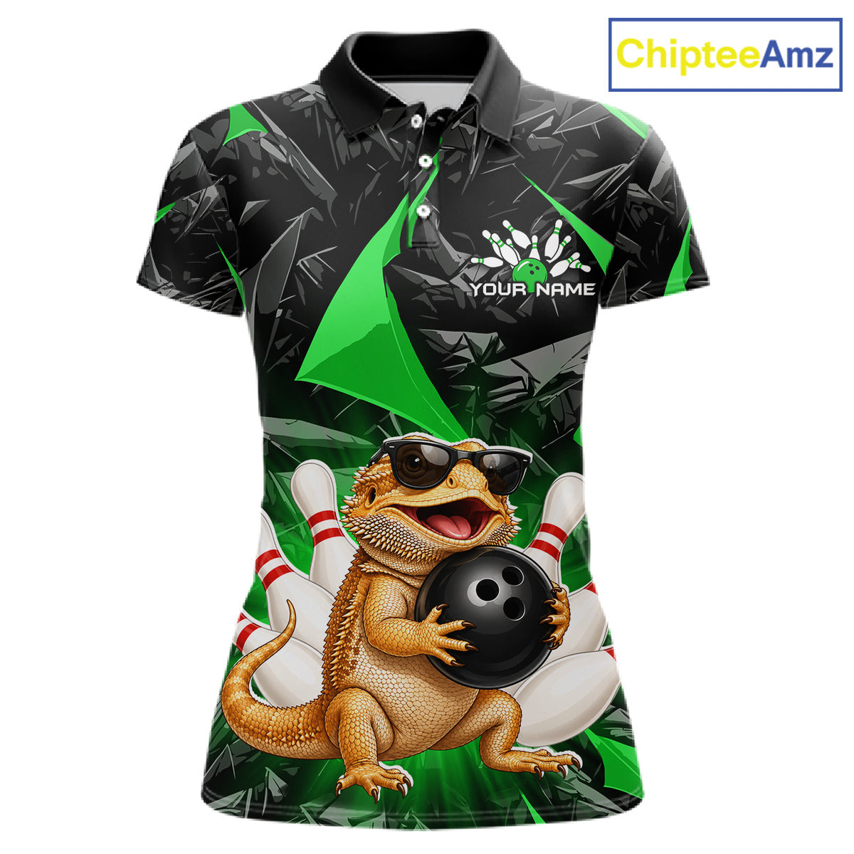 Custom green bearded dragon bowling jersey for women, personalized team bowling polo shirt front view