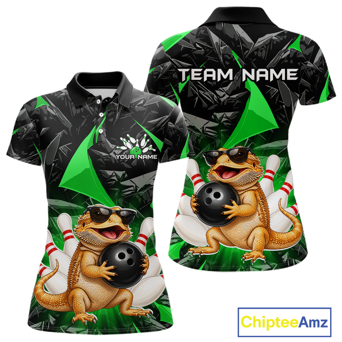 Custom green bearded dragon bowling jersey for women, personalized team bowling polo shirt front view and back view