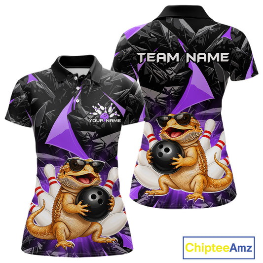Custom purple bearded dragon bowling jersey for women, personalized team bowling polo shirt front view and back view