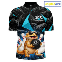Load image into Gallery viewer, Custom turquoise bearded dragon bowling jersey for men, personalized team bowling polo shirt front view and back view