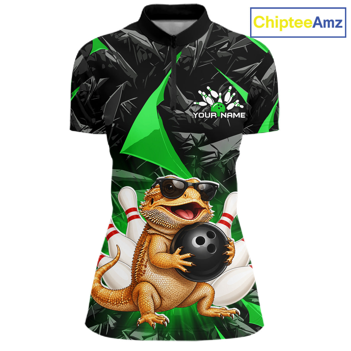 Custom green bearded dragon bowling jersey for women, personalized team bowling quarter zip shirt front view