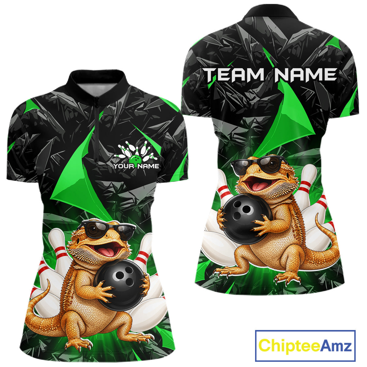 Custom green bearded dragon bowling jersey for women, personalized team bowling quarter zip shirt front view and back view