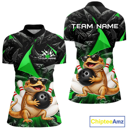 Custom green bearded dragon bowling jersey for women, personalized team bowling quarter zip shirt front view and back view