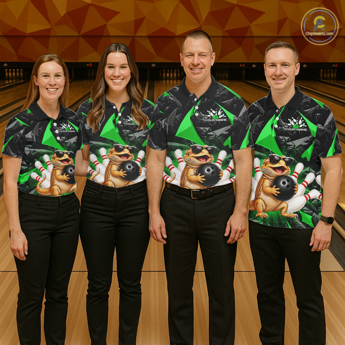 Group of bowlers in green bearded dragon team shirts, personalized bowling uniforms front view.