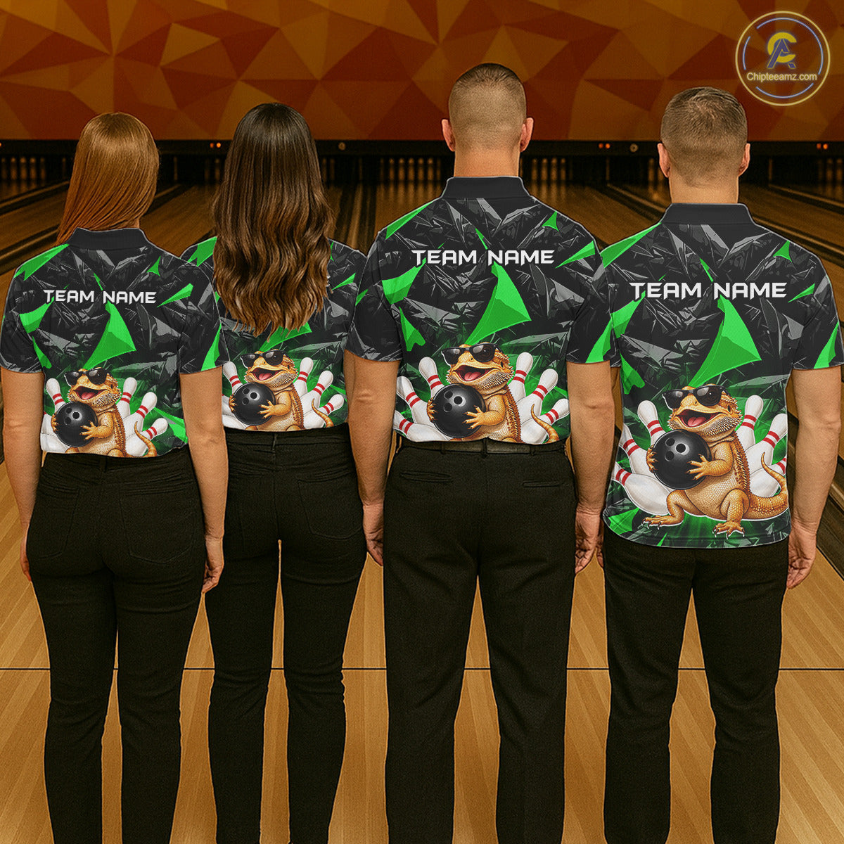 Group of bowlers in green bearded dragon team shirts, personalized bowling uniforms back view.