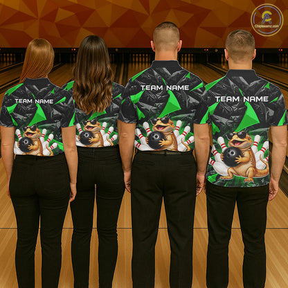 Group of bowlers in green bearded dragon team shirts, personalized bowling uniforms back view.