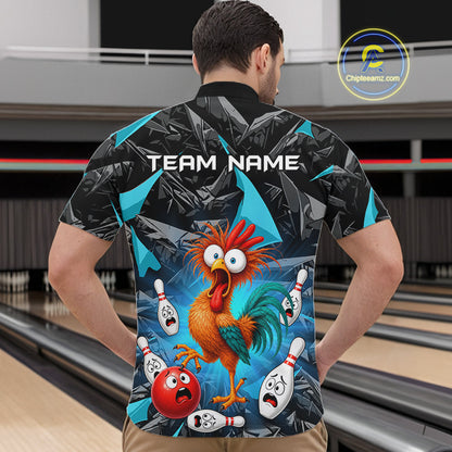 A man viewed from behind wearing a short-sleeve collared shirt with a bowling-themed cartoon graphic on the back. The shirt has a black and gray geometric pattern with bright blue accents and a central rooster surrounded by bowling pins and balls.