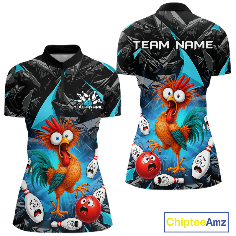 Front and back views of a customizable short-sleeve polo shirt featuring a colorful cartoon rooster, bowling pins, and bowling balls on a black and blue background. The front has a placeholder logo and text, and the back has 'TEAM NAME' printed in white.