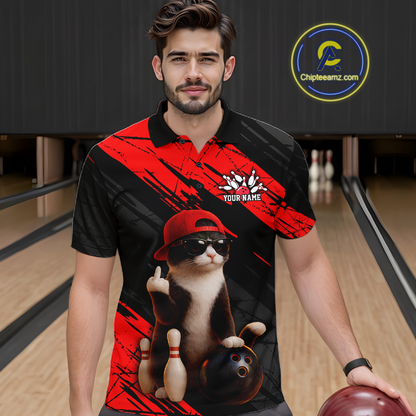 Custom Funny Cat Red Bowling Jersey for Men Bowling Polo & 1/4 Zip Bowling Team Shirts HNT198