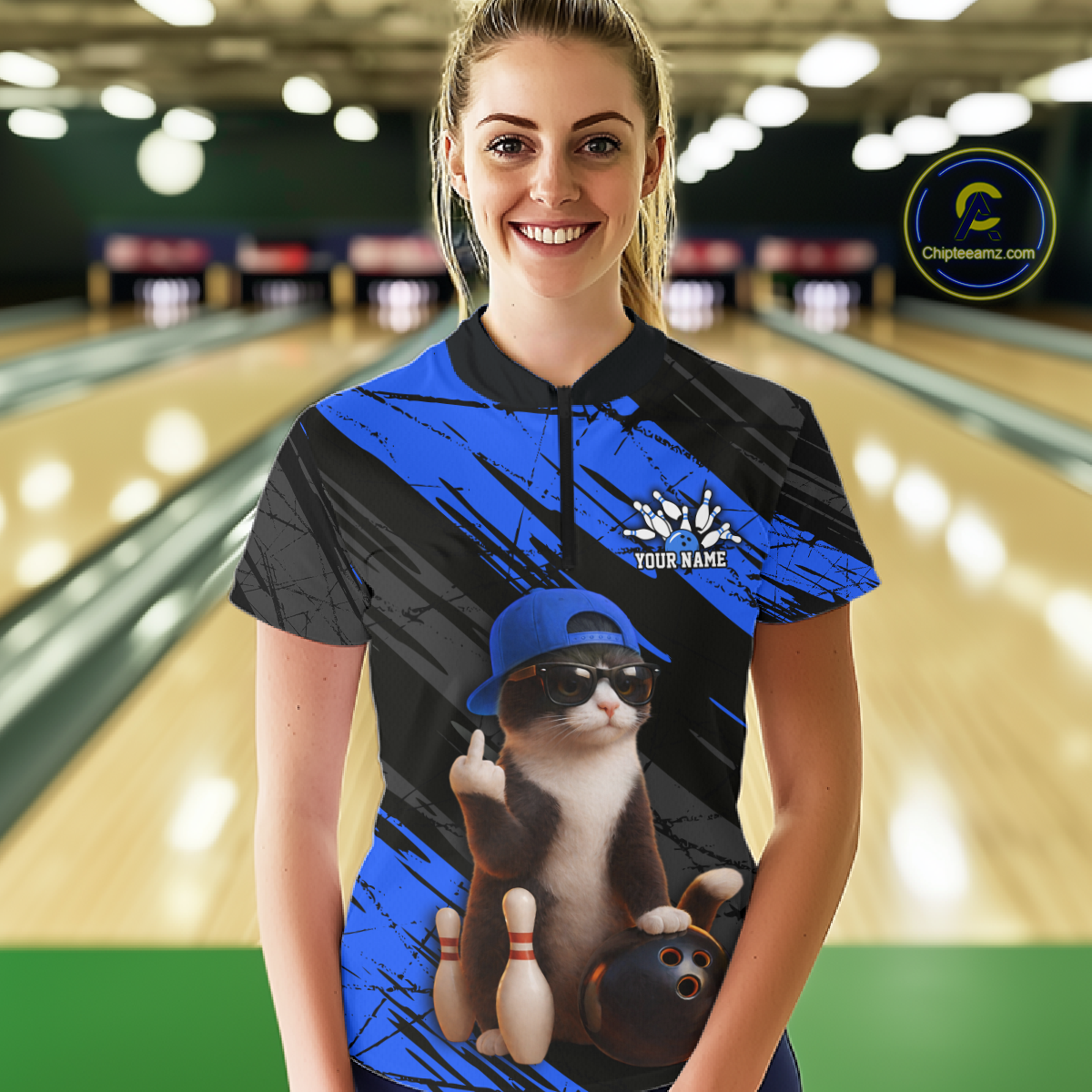 Custom Funny Cat Blue Bowling Jersey for Women Bowling Polo & 1/4 Zip Bowling Team Shirts HNT198