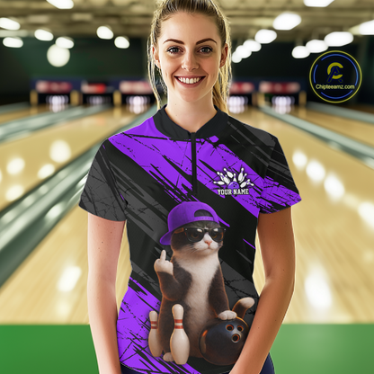 Custom Funny Cat Purple Bowling Jersey for Women Bowling Polo & 1/4 Zip Bowling Team Shirts HNT198
