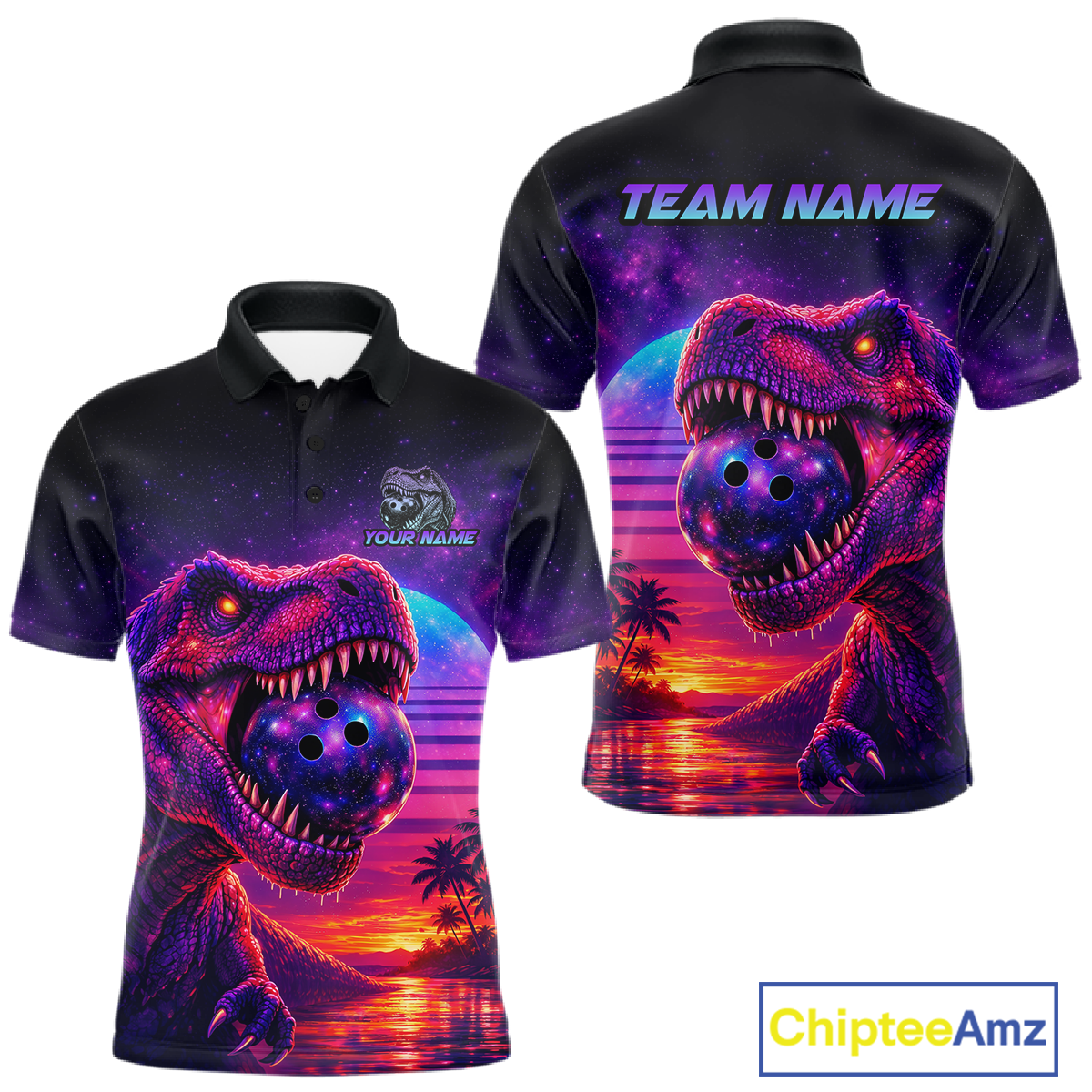 Custom Retro Galaxy Dinosaur Bowling Jersey for Men Bowling Shirts for Team Polo & 1/4 Zip HNT245