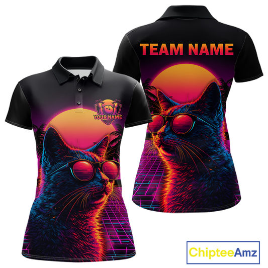 Custom Funny Cat Retro Sunset Bowling Jersey for Women Bowling Uniform Bowling Team Shirts HNT279