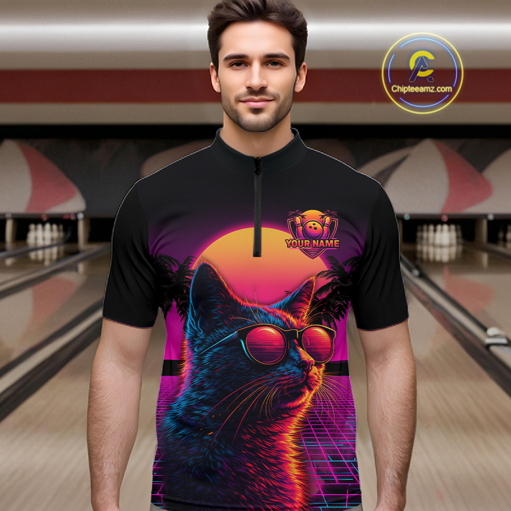 Custom Funny Cat Retro Sunset Bowling Jersey for Men Bowling Uniform Bowling Team Shirts HNT279