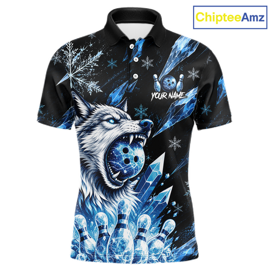 Black polo shirt with a wolf and bowling ball design, featuring the brand 'ChipteeAmz'.