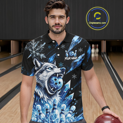Man wearing a black polo shirt with a blue wolf design in a bowling alley.