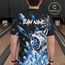 Load image into Gallery viewer, Person wearing a black bowling shirt with a wolf design and 'TEAM NAME' text in a bowling alley.