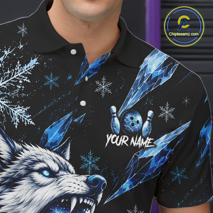 Black polo shirt with blue and white graphics of a wolf, bowling ball, and snowflakes, with 'Your Name' text.