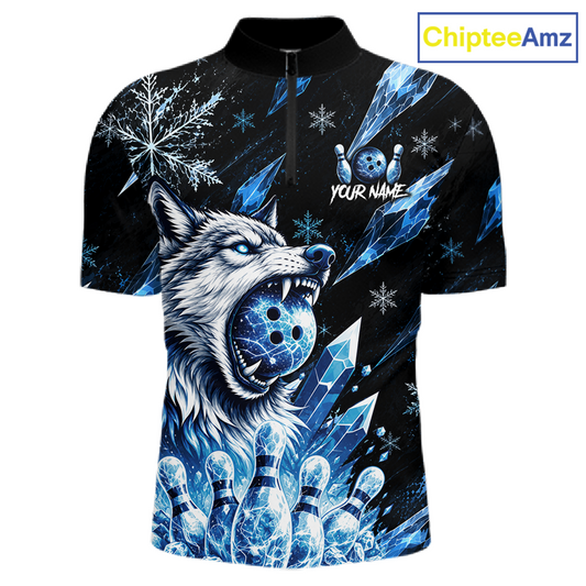 Black t-shirt with a wolf holding a bowling ball design, featuring snowflakes and ice crystals, with 'ChipteeAmz' branding.