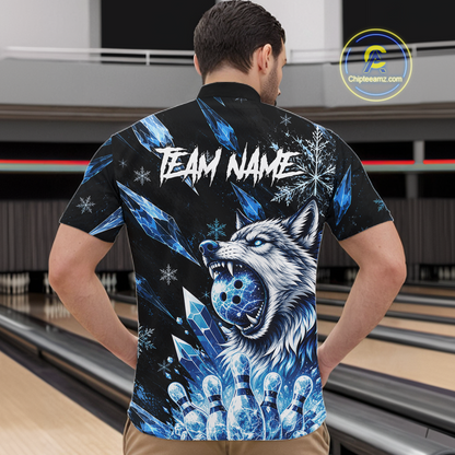 Person wearing a black t-shirt with a blue wolf design and 'TEAM NAME' text in a bowling alley.