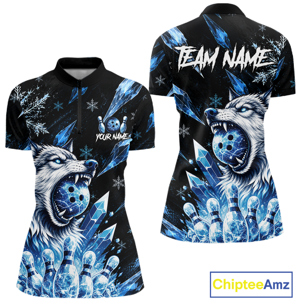 Two polo shirts with wolf design and 'Team Name' text, featuring blue and black color scheme.