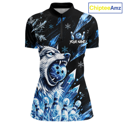 Black polo shirt with blue wolf design and ice crystals on a white background, branded 'ChipteeAmz'.