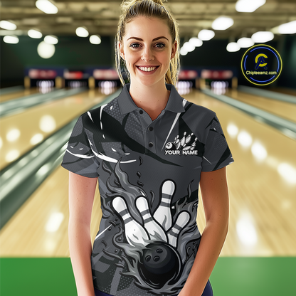 Custom Flame Bowling Jersey for Women Polo & 1/4 Zip Bowling Team Shirts Bowling League HNT151