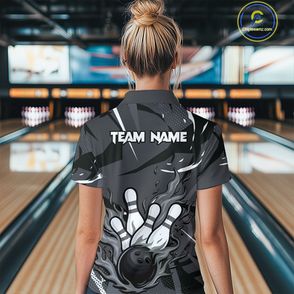 Custom Flame Bowling Jersey for Women Polo & 1/4 Zip Bowling Team Shirts Bowling League HNT151