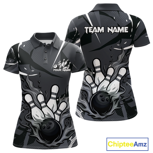 Custom Flame Bowling Jersey for Women Polo & 1/4 Zip Bowling Team Shirts Bowling League HNT151