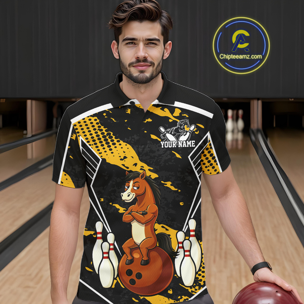 Custom Yellow Funny Horse Bowling Tournament Jersey for Men Bowling Team Shirts Polo & 1/4 Zip HNT180