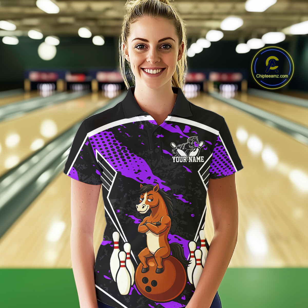 Custom Purple Funny Horse Bowling Tournament Jersey for Women Bowling Team Shirts Polo & 1/4 Zip HNT180