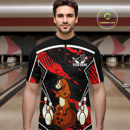 Custom Red Funny Horse Bowling Tournament Jersey for Men Bowling Team Shirts Polo & 1/4 Zip HNT180