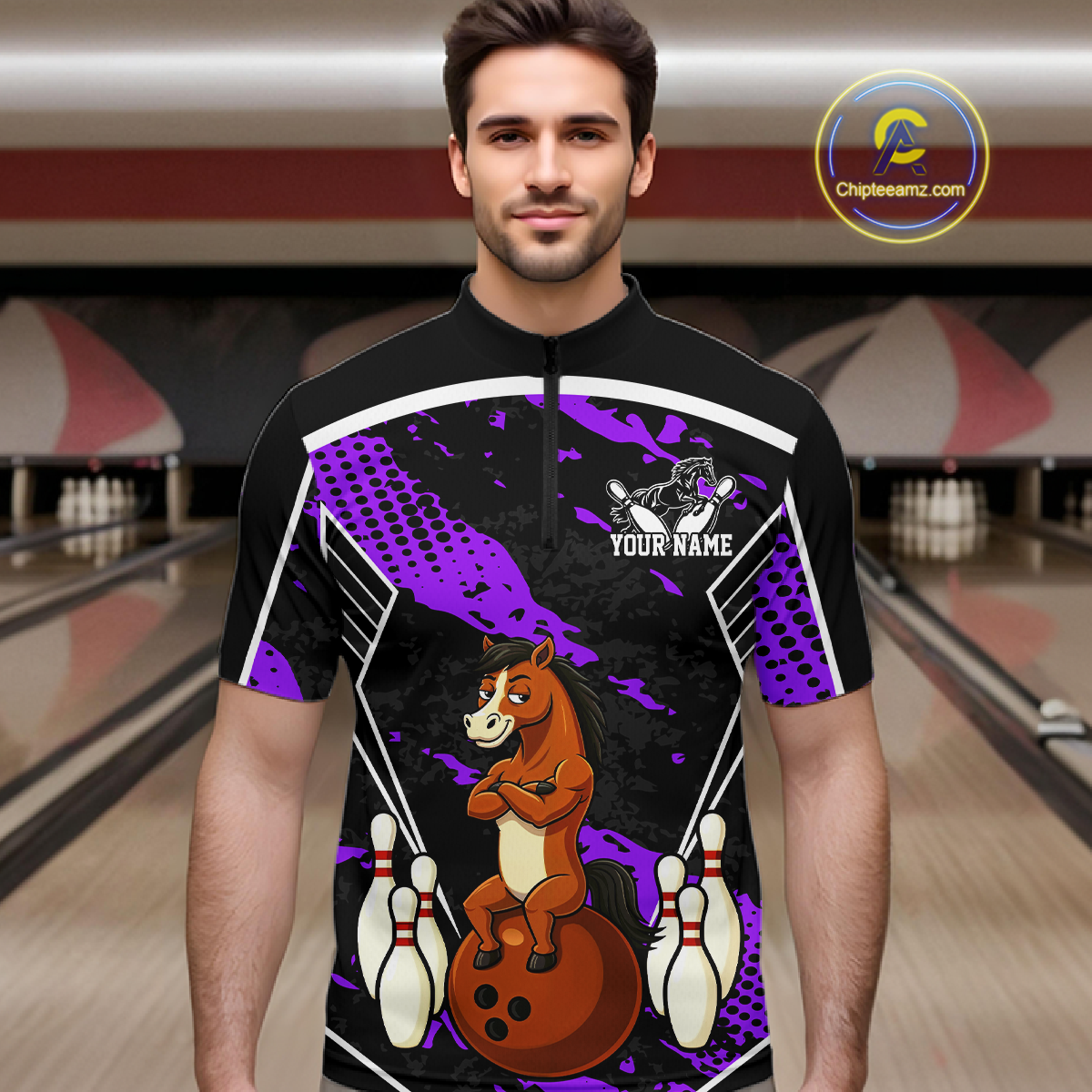 Custom Purple Funny Horse Bowling Tournament Jersey for Men Bowling Team Shirts Polo & 1/4 Zip HNT180