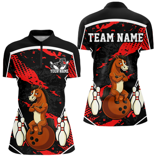 Custom Red Funny Horse Bowling Tournament Jersey for Women Bowling Team Shirts Polo & 1/4 Zip HNT180
